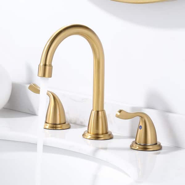 8 in. Widespread Double Handle Bathroom Faucet with Pop Up Drain, 24 in. Supply Lines and Y-shaped Hose in Gold