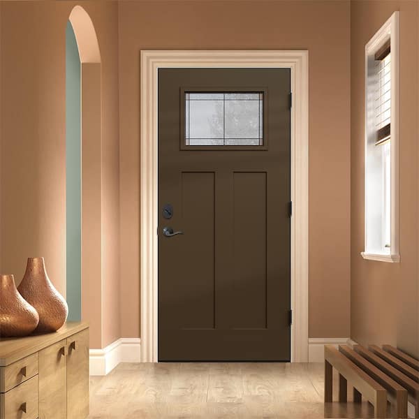 36 in. x 80 in. Left-Hand 1/4 Lite Craftsman Ballantyne Decorative Glass Dark Chocolate Fiberglass Prehung Front Door