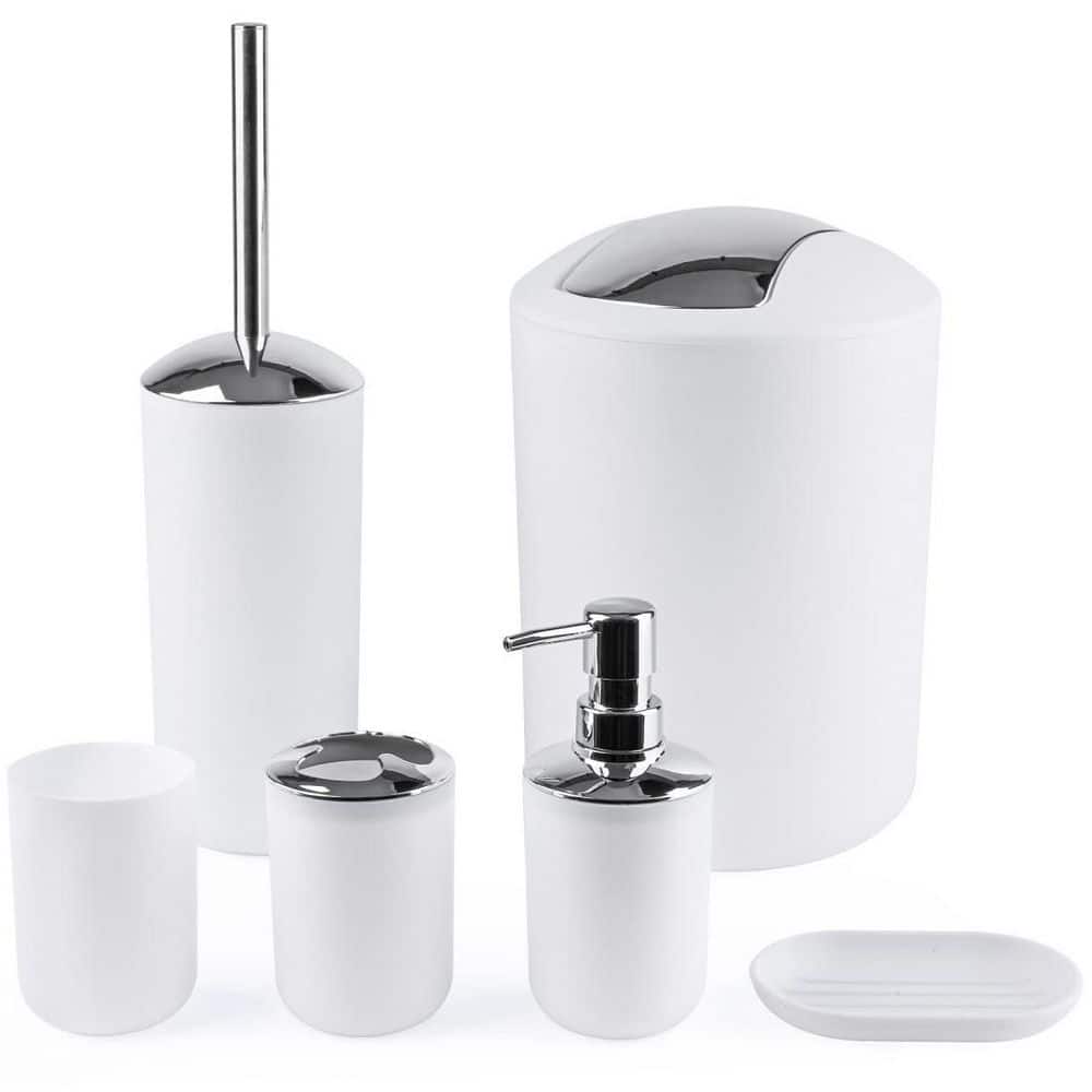 6-Piece Bath Accessory Set with Toothbrush Holder, Soap Dispenser, Trash Can and Tumbler Straw for Bathroom in White