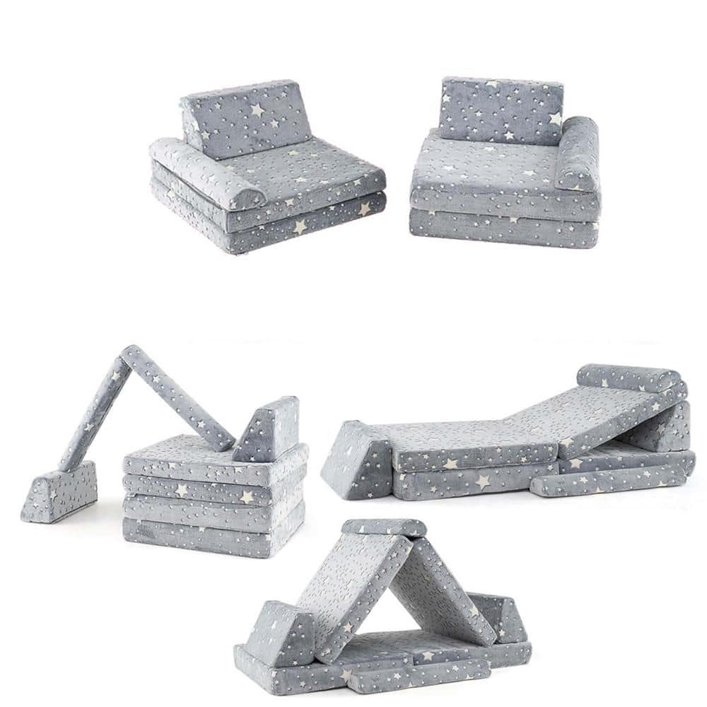 8 PCS Gray Fabric Modular Kids Play Couch with Handles Machine Washable Covers for Building Fort
