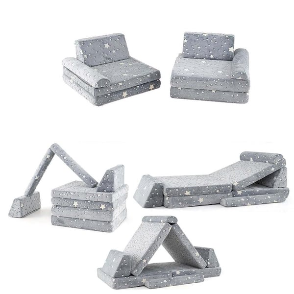 8 PCS Gray Fabric Modular Kids Play Couch with Handles Machine Washable Covers for Building Fort