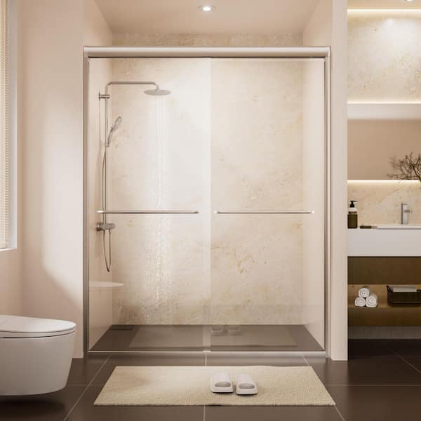 60 in. W x 72 in. H Double Sliding Framed Shower Door in Brushed Nickel with 5/16 in. Crystal Clear Glass