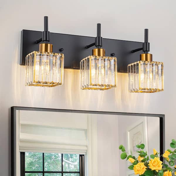 Schonbek 19.3 in. 3-Lights Black And Gold Dimmable Bathroom Vanity Light with Crystal Shades