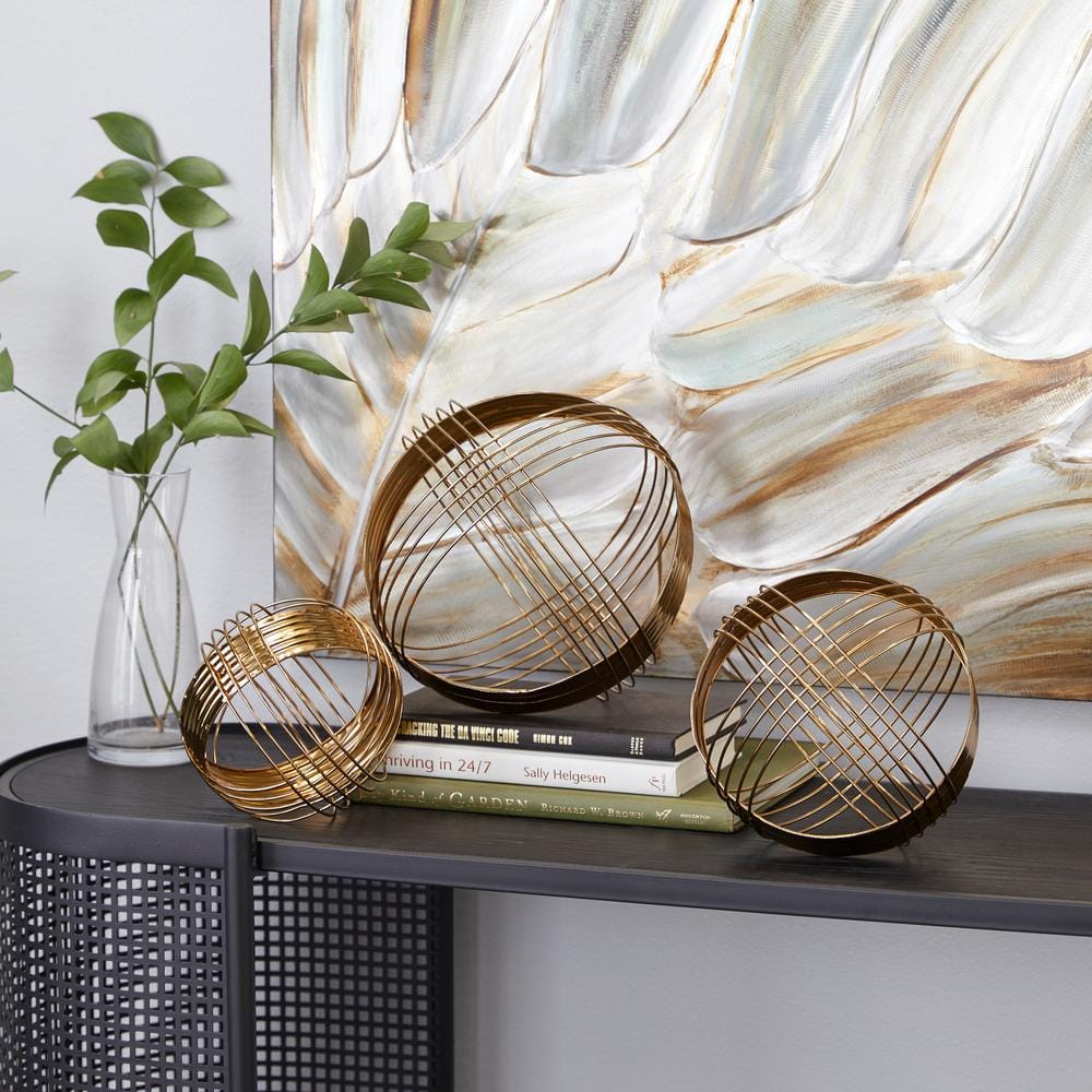 Gold Metal Geometric Wire Orb Sculptures, Set of 3