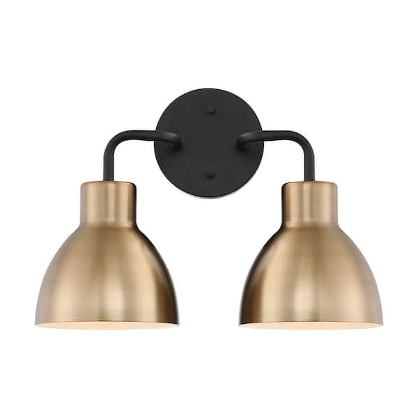 SATCO Sloan 13.75 in. 2-Light Matte Black/Burnished Brass Vanity Light with Burnished Brass Metal Shade