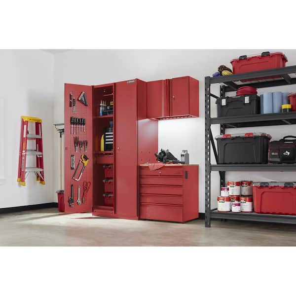 Heavy Duty 64 in. W x 81 in. H x 24 in. D Pre-Assembled Steel 3-Piece Garage Storage System in Red with Wood Worktop