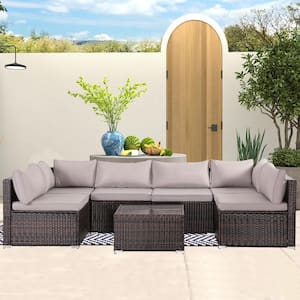 Brown 7-Piece Wicker Patio Conversation Set with Grey Cushions