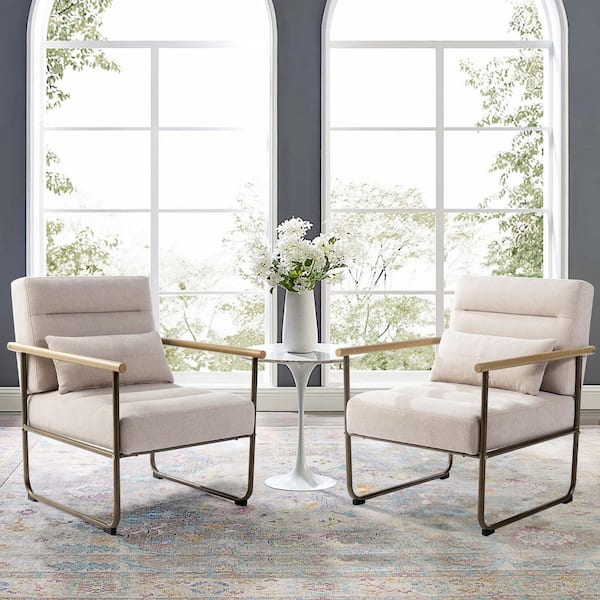 Glitzhome Mid-Century Modern Beige Fabric Accent Armchair Set of 2 with Metal Frame