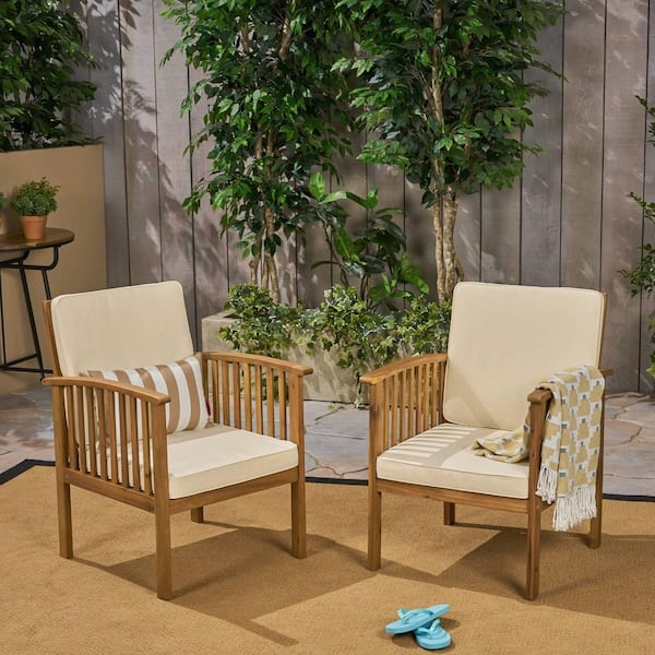 Anky Brown Wood Outdoor Lounge Chair with Beige Cushion (Set of 2)