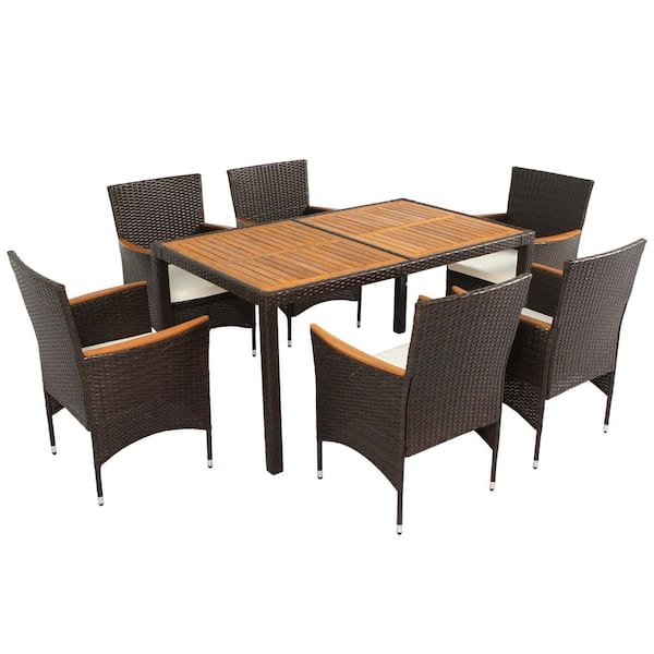 7-Piece Brown Wicker Outdoor Dining Set with Beige Cushions & Stackable Armrest Chair Acacia Wood Tabletop