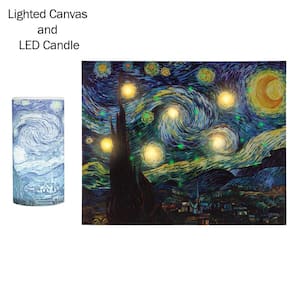 Starry Night by Van Gogh Framed with LED Light and Flameless Candle Abstract Wall Art Set Canvas 12 in. x 16 in.