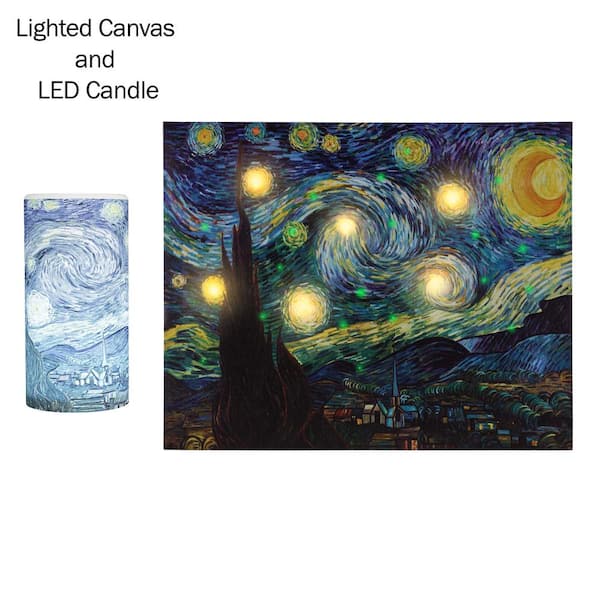 Lavish Home Starry Night by Van Gogh Framed with LED Light and Flameless Candle Abstract Wall Art Set Canvas 12 in. x 16 in.