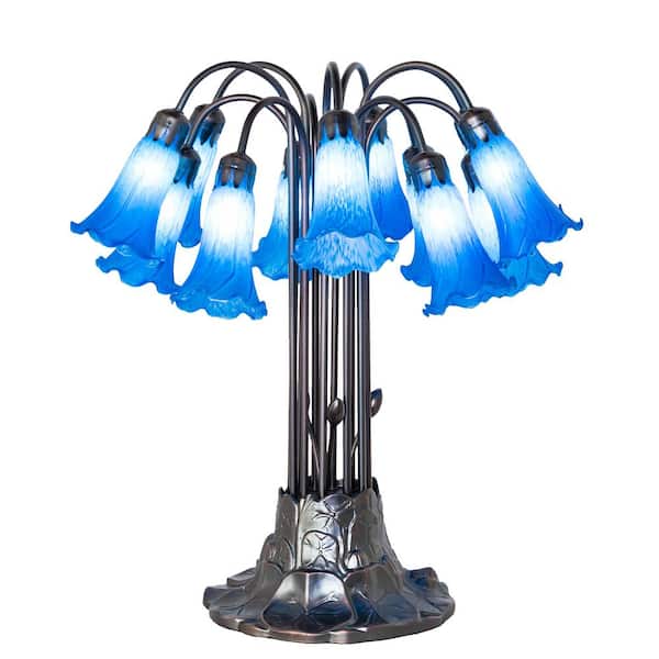 Pond Lily 24 in Mahogany Bronze Victorian Novelty Table Lamp with Blue Glass Shade