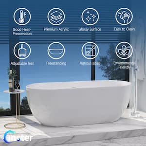 67 in. Acrylic Oval Shaped Freestanding Flatbottom Soaking Non-Whirlpool Bathtub in White Included Center Drain