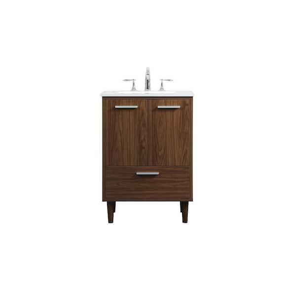 Unbranded Simply Living 24 in. W x 19 in. D x 34 in. H Bath Vanity in Walnut with Ivory White Engineered Marble Top