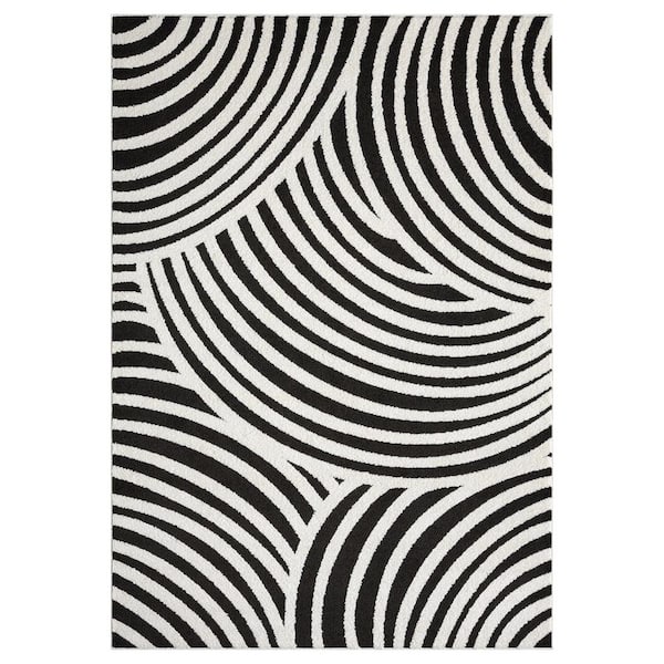 Abani Nomad Cream Black 7 ft. 9 in. x 10 ft. 2 in. Linear Curves Polypropylene Area Rug
