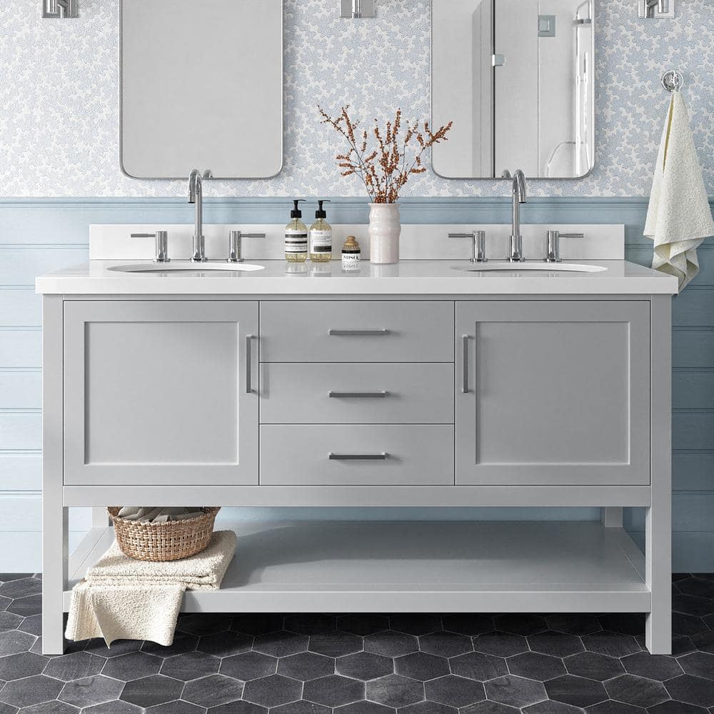 Bayhill 60 in. Double Sink Freestanding Bathroom Vanity in Gray with Pure White Quartz Top price history on PriceWatchPro
