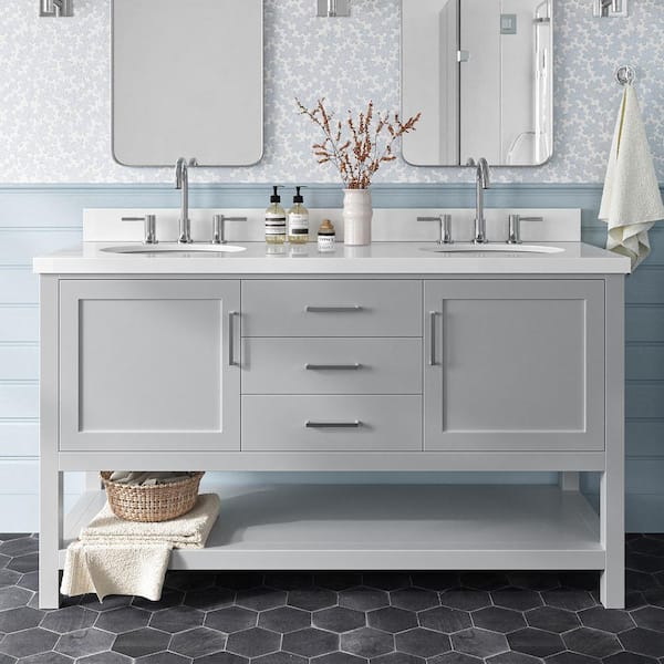 ARIEL Bayhill 60 in. Double Sink Freestanding Bathroom Vanity in Gray with Pure White Quartz Top