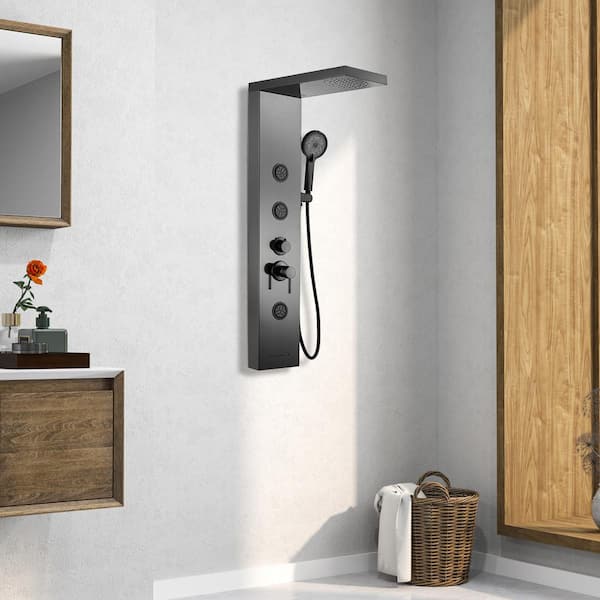 44 in. 4-Jet Shower System With 360-Degree Angled Adjustable Massaging Body Sprayers in Black