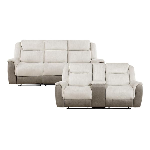 Center Hill 86 in W Pillow Top Arm Chenille and Microfiber Rectangle 2-Piece Manual Double Reclining Sofa Set in Beige
