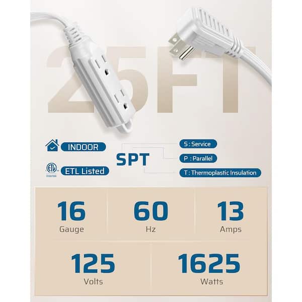 25 ft. 16/3 AWG Indoor Extension Cord with 3-Prong 3 Outlets and SPT-3 Cord, White, 1-Pack
