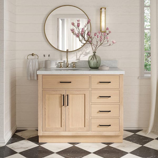 ARIEL Hepburn 42 in. Single Sink Freestanding Bathroom Vanity in Oak with Carrara White Marble Top