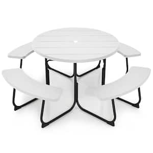 75 in. White Round HDPE Picnic Table and Bench Set Seats 8 People with Umbrella Hole