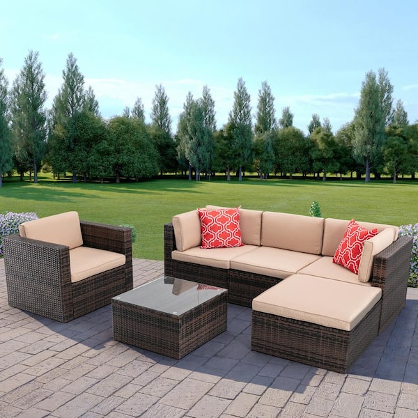Tunearary 6-Pieces Rattan Wicker Outdoor Sectional Cushioned Sofa Set with 2 Pillow and Coffee Table Beige Cushion Patio Furniture