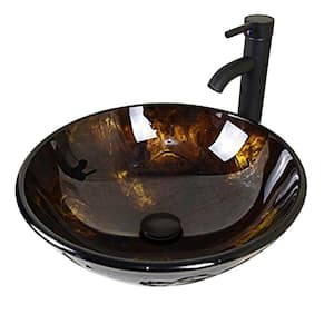 Bathroom Tempered Glass Round Vessel Sink with Oil Rubbed Bronze Faucet and Pop-Up Drain Combo in Brown