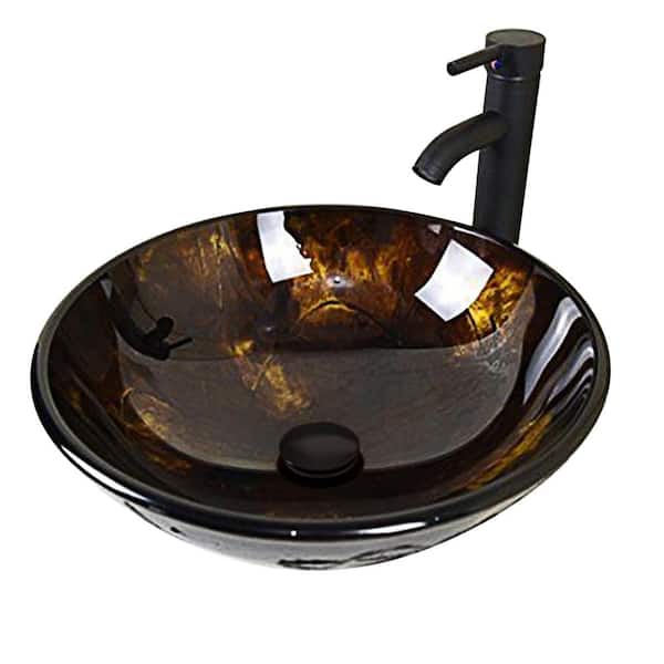 cadeninc Bathroom Tempered Glass Round Vessel Sink with Oil Rubbed Bronze Faucet and Pop-Up Drain Combo in Brown