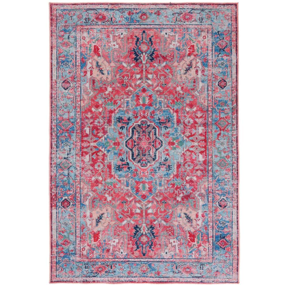Serapi Light Blue and Red Rectangular Viscose Chenille Area Rug, 4' x 6'