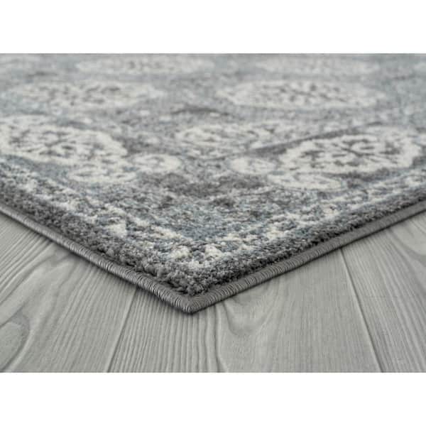 Alexandria 2 ft. 6 in. x 10 ft. 3 in. Steel Blue Bordered Pattern Runner Rug for High Traffic Entryway Kitchen Hallway