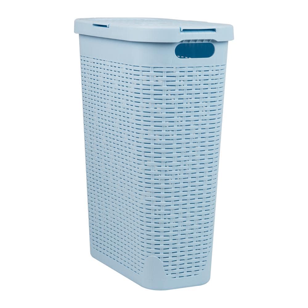 Baby Blue Slim Wicker Plastic Laundry Hamper with Lid