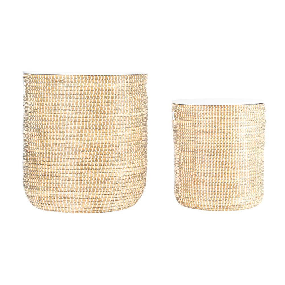 Natural Seagrass and White Wood Round Drum Side Table Set