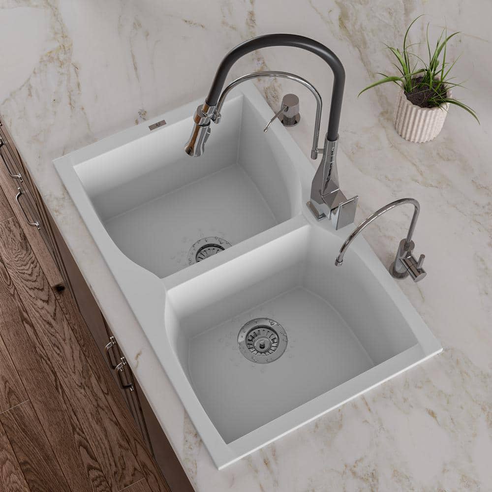 31.13'' White Granite Double Bowl Drop-In Kitchen Sink