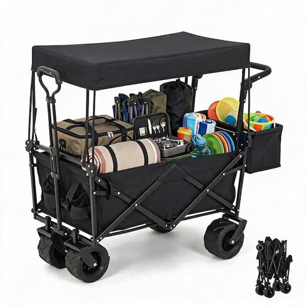 220 lb Heavy-Duty Folding Utility Wagon with Removable Canopy - All-Terrain Quiet PU Wheels - Adjustable Handle