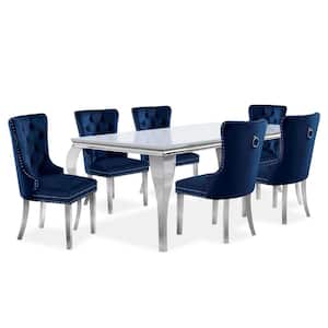 Billinghurst 7-Piece Rectangle Glass Top White and Blue Dining Table Set