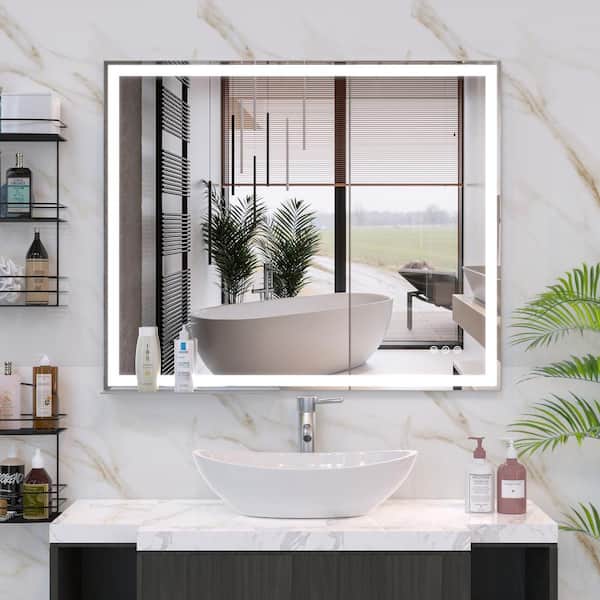 36 in. W. x 30 in. H Rectangular Framed Anti-Fog Wall Bathroom Vanity Mirror in Silver