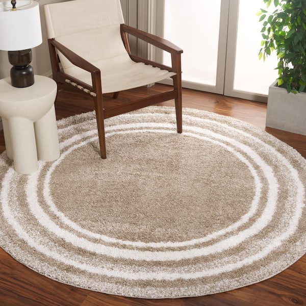 Border and Stripe Shag 7 ft. x 7 ft. Beige/Ivory Concentric Border Round Area Rug