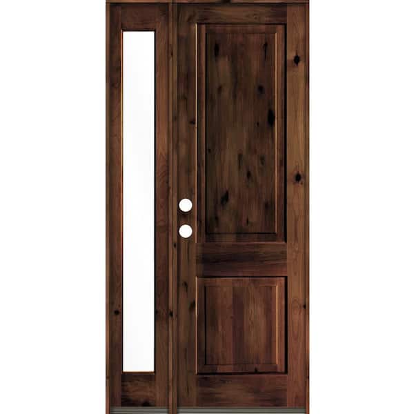 Krosswood Doors 44 in. x 96 in. Rustic knotty alder Right-Hand/Inswing Clear Glass Red Mahogany Stain Wood Prehung Front Door w/Sidelite