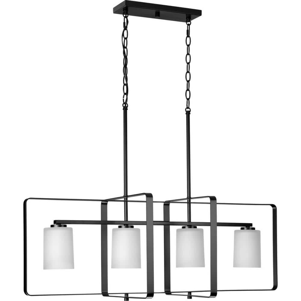 Matte Black and Etched Glass Four-Light Modern Farmhouse Chandelier