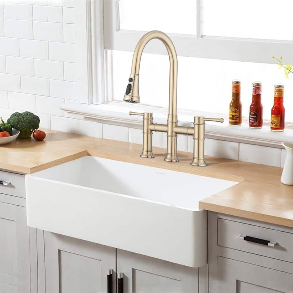 Double Handle Bridge Kitchen Faucet with Pull-Down Spray Head, Stainless St