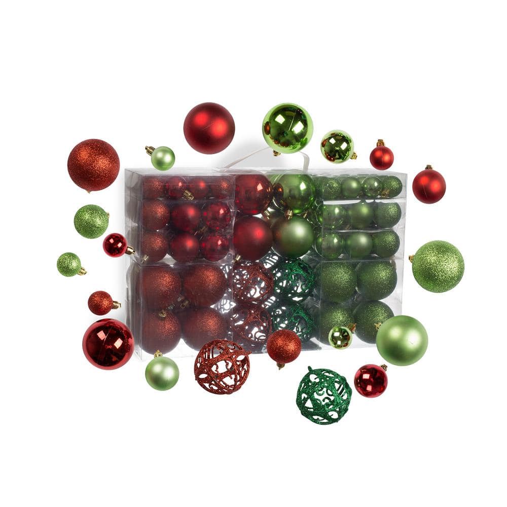 Red and Green Shatterproof Christmas Ornament Balls with Metal Hooks