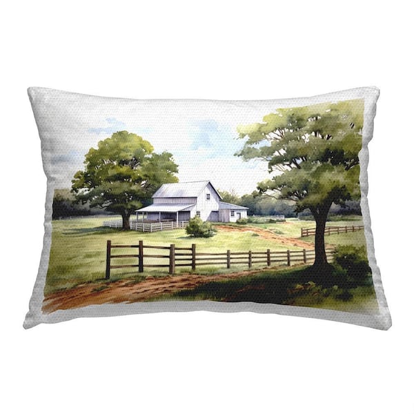 Rural Cottage Scenery Green Rectangular Outdoor Throw Pillow
