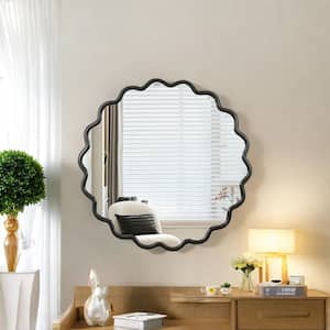 Black 36 in. W x 36 in. H Solid Wood Round Wavy Wall Mirror for Bathroom, Bedroom, Cloakroom