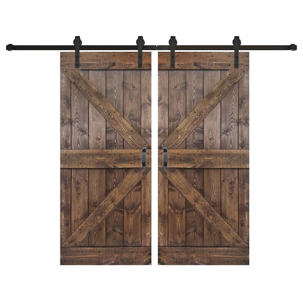 ISLIFE K Series 72 in. x 84 in. Dark Walnut Finished DIY Solid Wood Double Sliding Barn Door with Hardware Kit