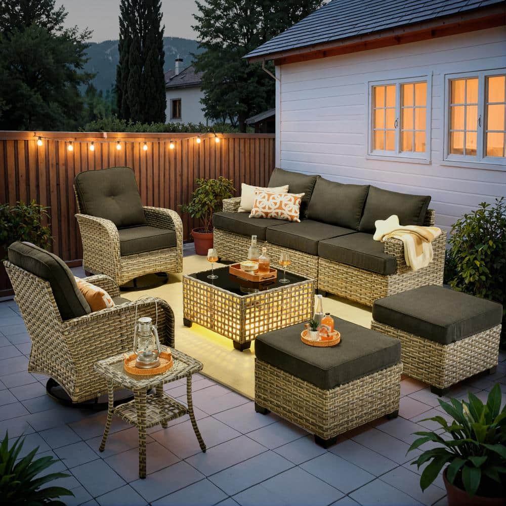 Tiberte Gray 9-Piece Wicker Patio Conversation Seating Set with Black Cushions and Swivel Chairs