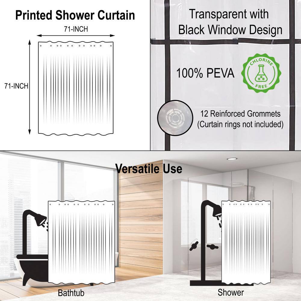 Clear PEVA Shower Curtain with Black Window Design, 71x71 Inches