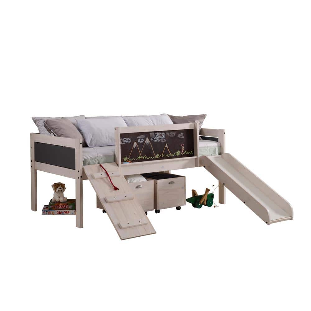 White Wash Pine Twin Loft Bed with Toy Boxes and Slide