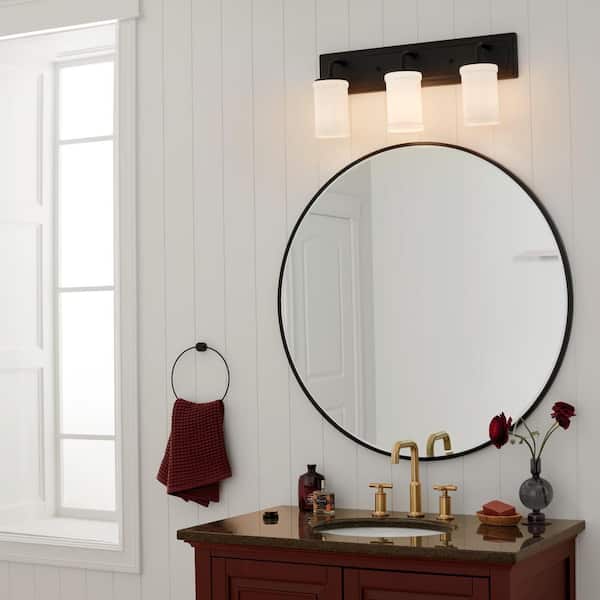 Vetivene 24 in. 3-Light Textured Black Vintage Bathroom Vanity Light with Opal Glass Shades